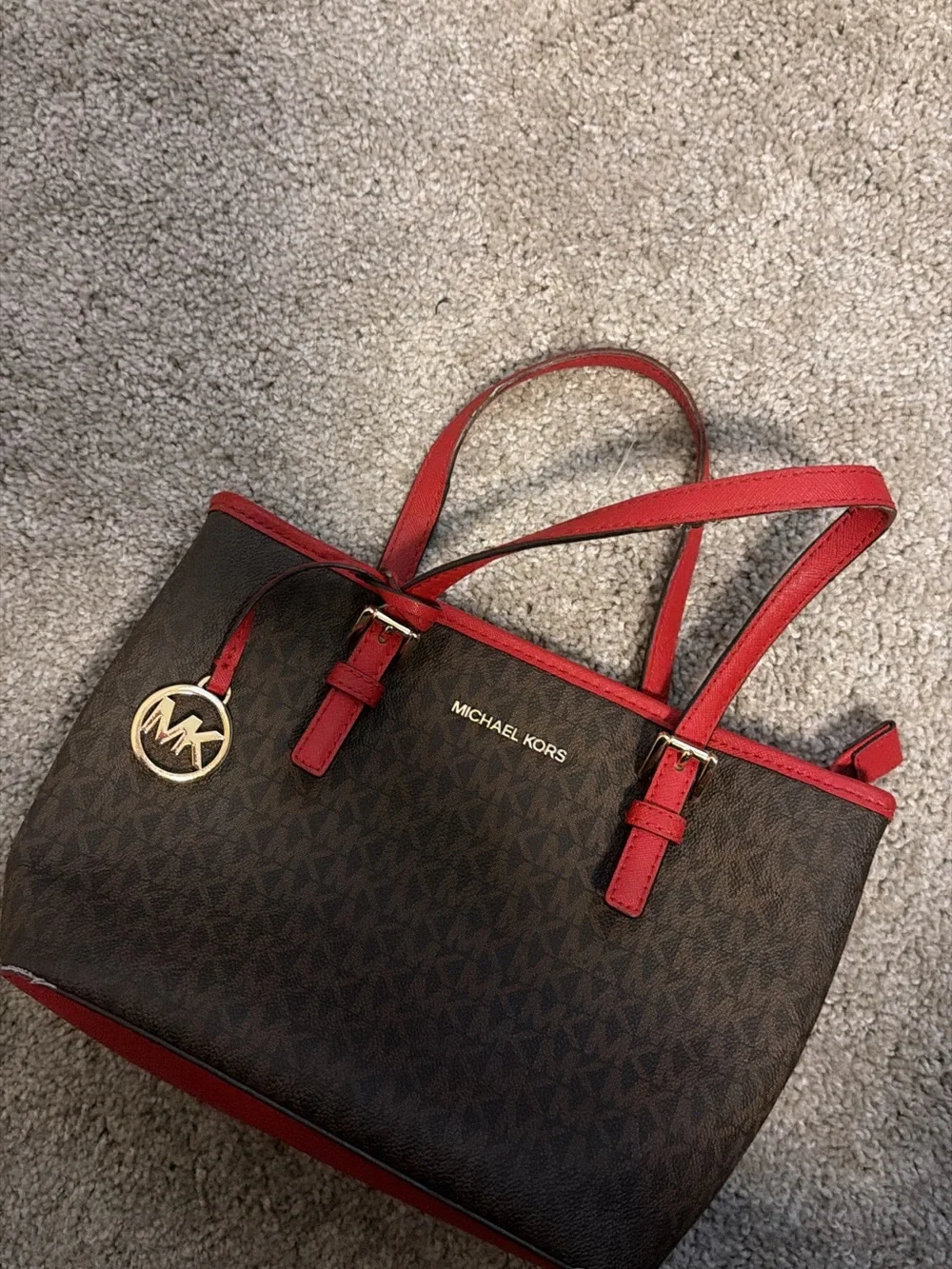 Michael Kors Brown Tote with Red Trim and Handles
